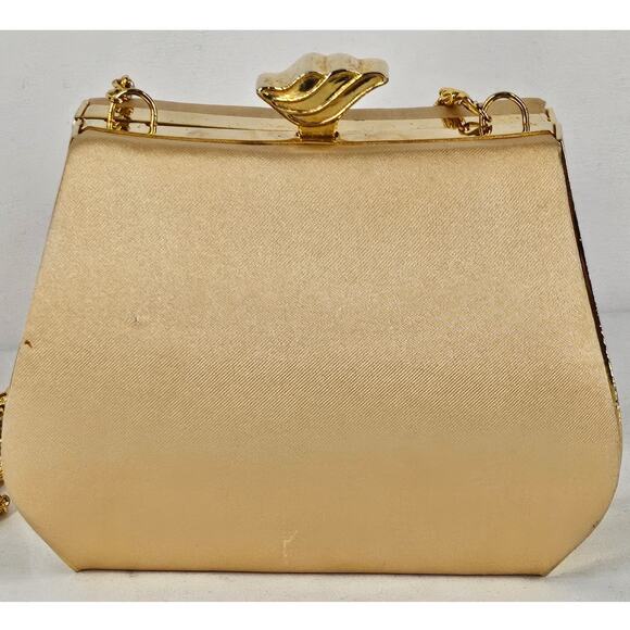 JESSICA MCCLINTOCK VINTAGE BLACK SATIN EVENING BAG 4"H x 5"L x 3"W 22" CHAIN - Picture 5 of 15